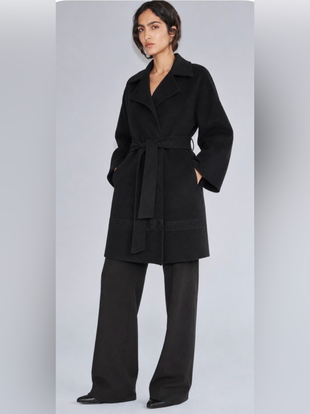P.A.R.O.S.H Angora Wool Blend Black Belted Wrap Coat Lace Trim Sz L Quiet Luxury